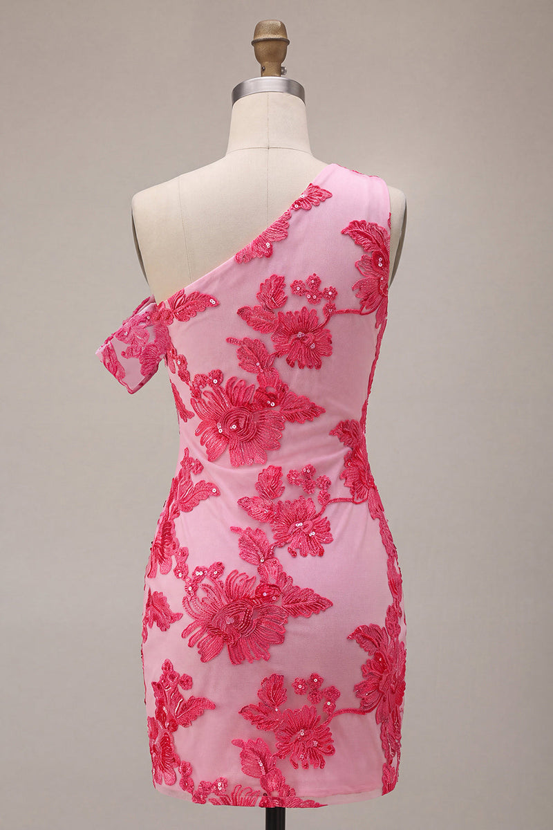 Laden Sie das Bild in den Galerie-Viewer, Fuchsia Bodycon Blumenstickerei Kurzes Abendkleid mit einer Schulter