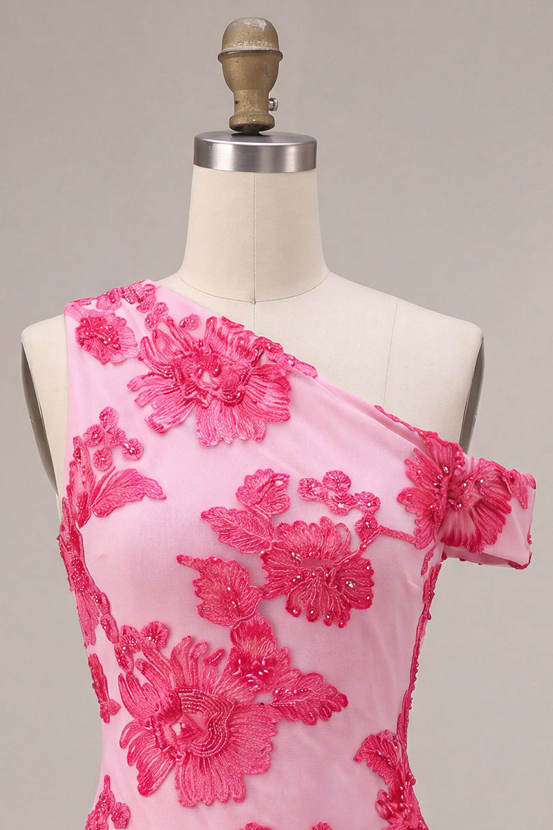 Laden Sie das Bild in den Galerie-Viewer, Fuchsia Bodycon Blumenstickerei Kurzes Abendkleid mit einer Schulter