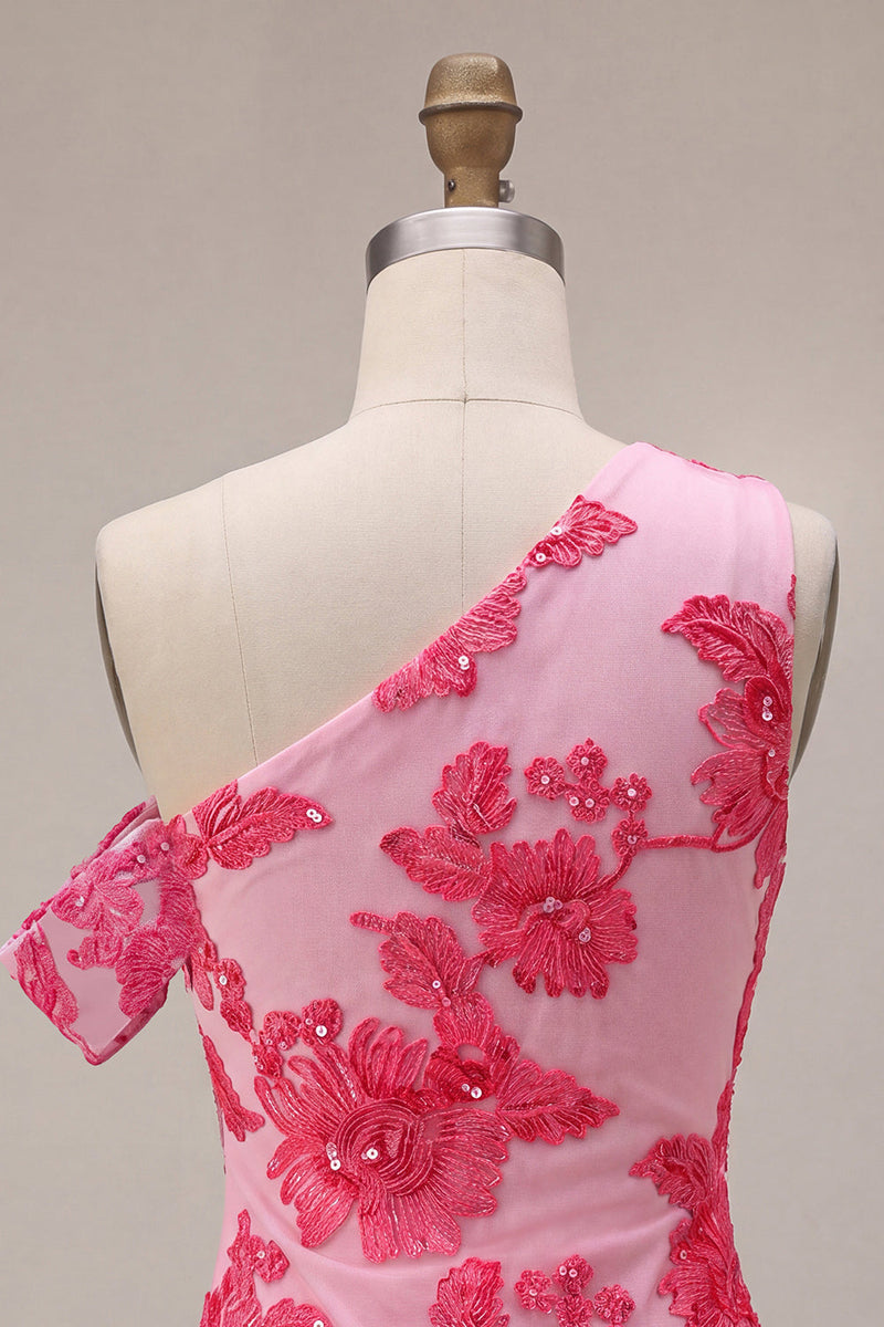 Laden Sie das Bild in den Galerie-Viewer, Fuchsia Bodycon Blumenstickerei Kurzes Abendkleid mit einer Schulter