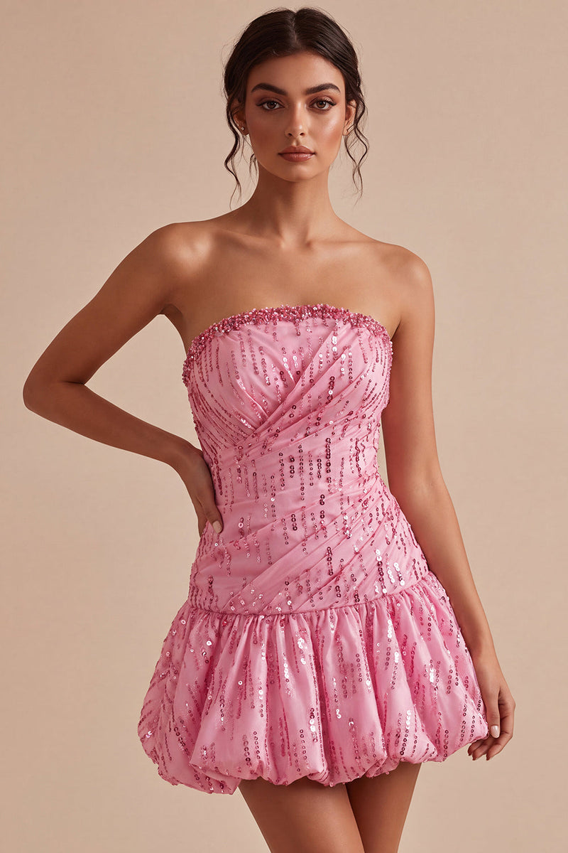 Laden Sie das Bild in den Galerie-Viewer, A-Linie Risa Trägerloses Pailletten Gerafftes Bubble-Hem Kurzes Abendkleid