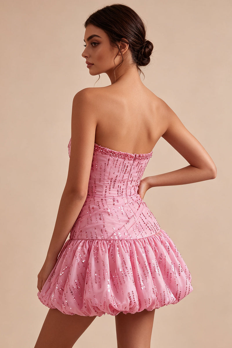 Laden Sie das Bild in den Galerie-Viewer, A-Linie Risa Trägerloses Pailletten Gerafftes Bubble-Hem Kurzes Abendkleid
