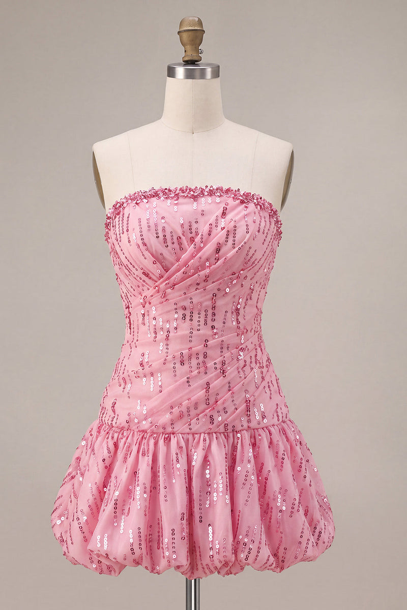 Laden Sie das Bild in den Galerie-Viewer, A-Linie Risa Trägerloses Pailletten Gerafftes Bubble-Hem Kurzes Abendkleid