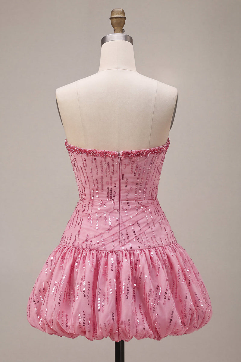 Laden Sie das Bild in den Galerie-Viewer, A-Linie Risa Trägerloses Pailletten Gerafftes Bubble-Hem Kurzes Abendkleid