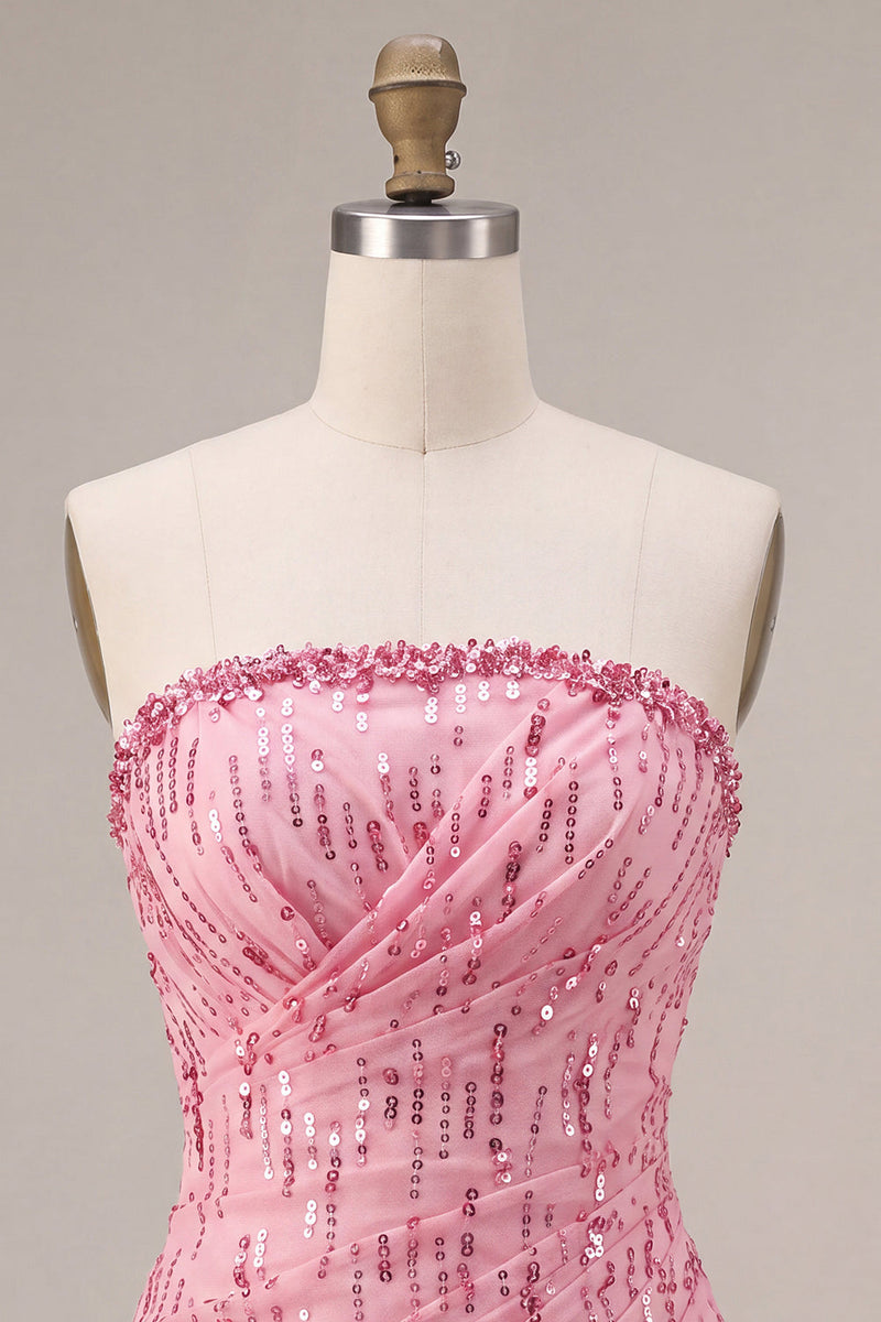 Laden Sie das Bild in den Galerie-Viewer, A-Linie Risa Trägerloses Pailletten Gerafftes Bubble-Hem Kurzes Abendkleid