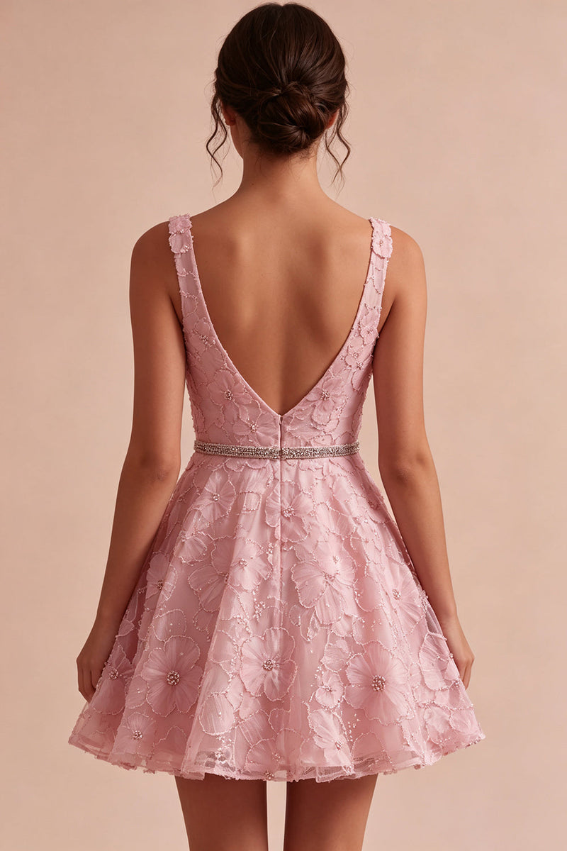Laden Sie das Bild in den Galerie-Viewer, A-Linie Rosa V-Ausschnitt Rüschen Perlen Blumenstickerei Kurzes Abendkleid