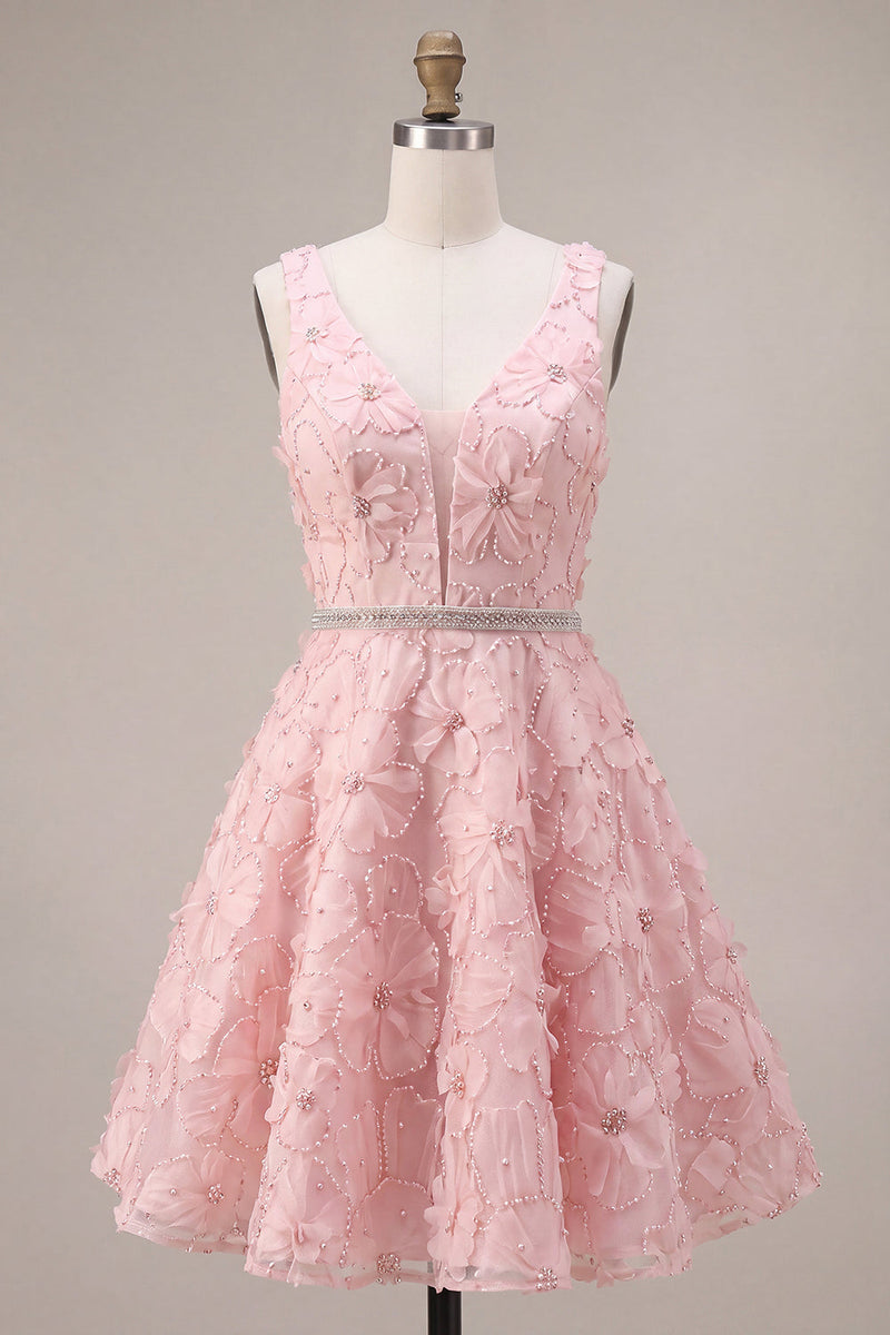 Laden Sie das Bild in den Galerie-Viewer, A-Linie Rosa V-Ausschnitt Rüschen Perlen Blumenstickerei Kurzes Abendkleid
