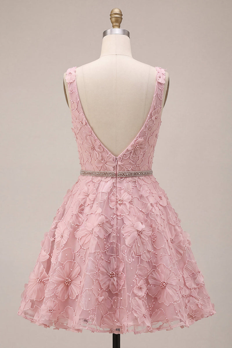 Laden Sie das Bild in den Galerie-Viewer, A-Linie Rosa V-Ausschnitt Rüschen Perlen Blumenstickerei Kurzes Abendkleid