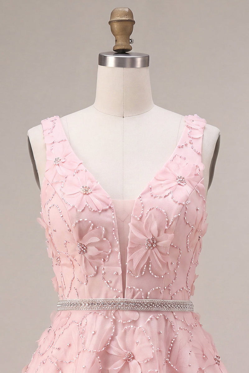 Laden Sie das Bild in den Galerie-Viewer, A-Linie Rosa V-Ausschnitt Rüschen Perlen Blumenstickerei Kurzes Abendkleid