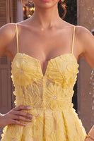 Laden Sie das Bild in den Galerie-Viewer, Gelbes A-Linie Perlen Blumen Stickerei Kurzes Abendkleid mit Rüschen