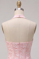 Laden Sie das Bild in den Galerie-Viewer, Rosa Geblümtes Neckholder Bodycon Korsett Jacquard Kurzes Abendkleid