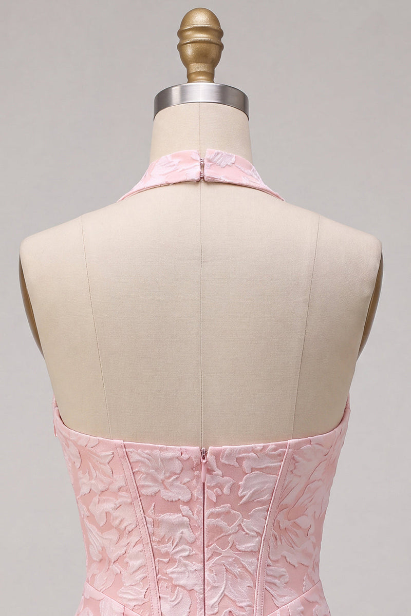 Laden Sie das Bild in den Galerie-Viewer, Rosa Geblümtes Neckholder Bodycon Korsett Jacquard Kurzes Abendkleid