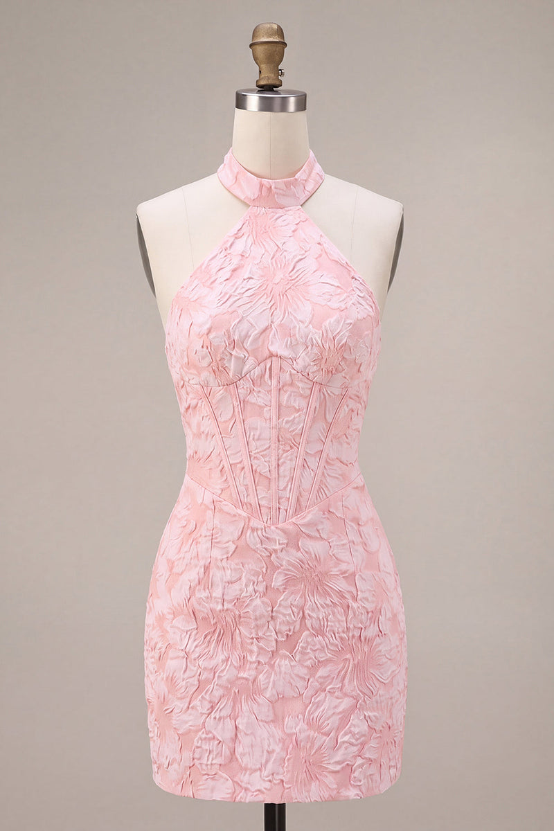Laden Sie das Bild in den Galerie-Viewer, Rosa Geblümtes Neckholder Bodycon Korsett Jacquard Kurzes Abendkleid