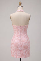 Laden Sie das Bild in den Galerie-Viewer, Rosa Geblümtes Neckholder Bodycon Korsett Jacquard Kurzes Abendkleid
