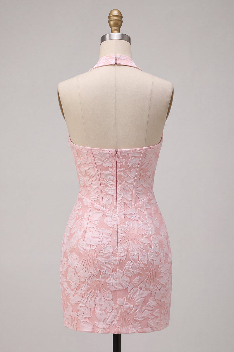 Laden Sie das Bild in den Galerie-Viewer, Rosa Geblümtes Neckholder Bodycon Korsett Jacquard Kurzes Abendkleid