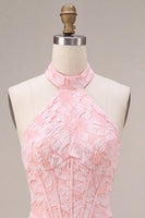 Laden Sie das Bild in den Galerie-Viewer, Rosa Geblümtes Neckholder Bodycon Korsett Jacquard Kurzes Abendkleid