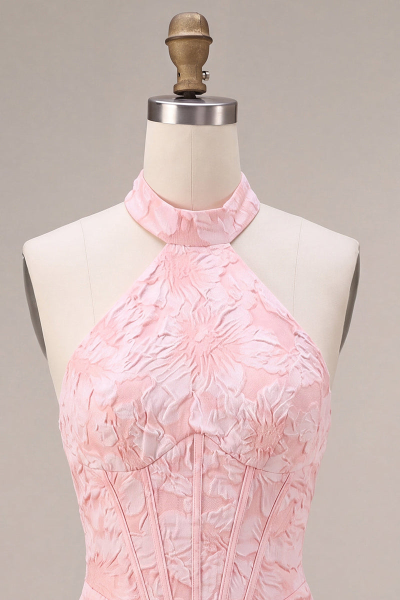 Laden Sie das Bild in den Galerie-Viewer, Rosa Geblümtes Neckholder Bodycon Korsett Jacquard Kurzes Abendkleid