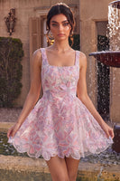 Laden Sie das Bild in den Galerie-Viewer, Flieder Quadrat Halsausschnitt A-Linie Perlen Kurzes Abendkleid mit floraler Stickerei