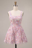 Laden Sie das Bild in den Galerie-Viewer, Flieder Quadrat Halsausschnitt A-Linie Perlen Kurzes Abendkleid mit floraler Stickerei