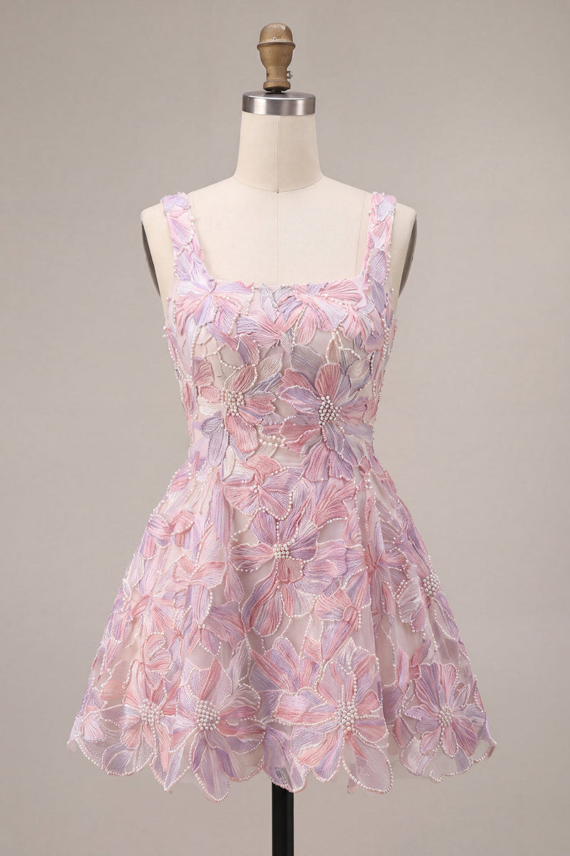 Laden Sie das Bild in den Galerie-Viewer, Flieder Quadrat Halsausschnitt A-Linie Perlen Kurzes Abendkleid mit floraler Stickerei