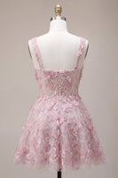 Laden Sie das Bild in den Galerie-Viewer, Flieder Quadrat Halsausschnitt A-Linie Perlen Kurzes Abendkleid mit floraler Stickerei