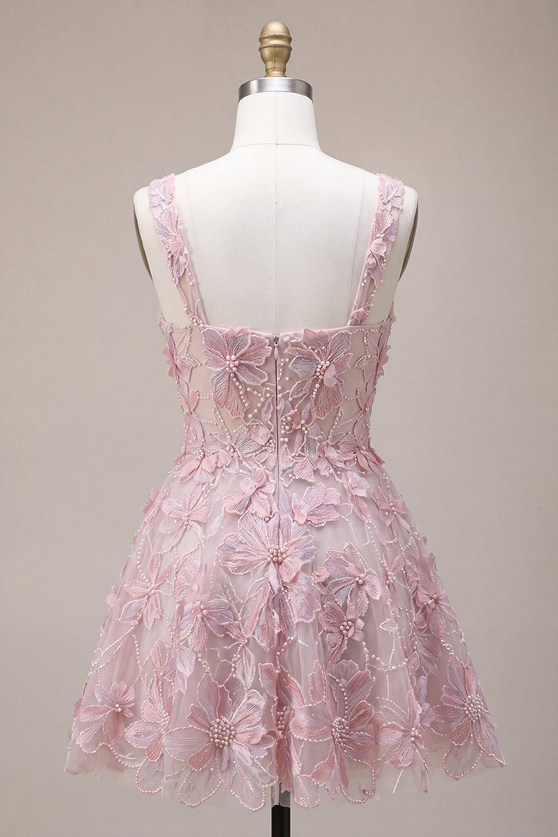 Laden Sie das Bild in den Galerie-Viewer, Flieder Quadrat Halsausschnitt A-Linie Perlen Kurzes Abendkleid mit floraler Stickerei