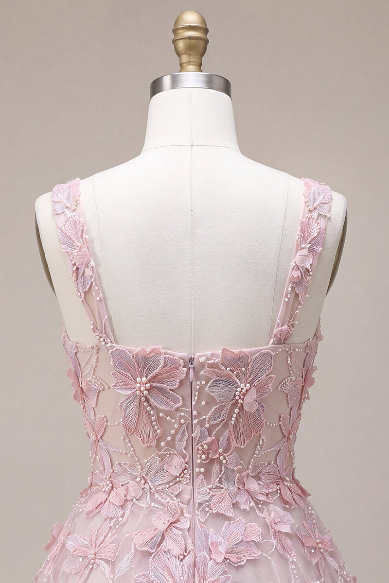 Laden Sie das Bild in den Galerie-Viewer, Flieder Quadrat Halsausschnitt A-Linie Perlen Kurzes Abendkleid mit floraler Stickerei