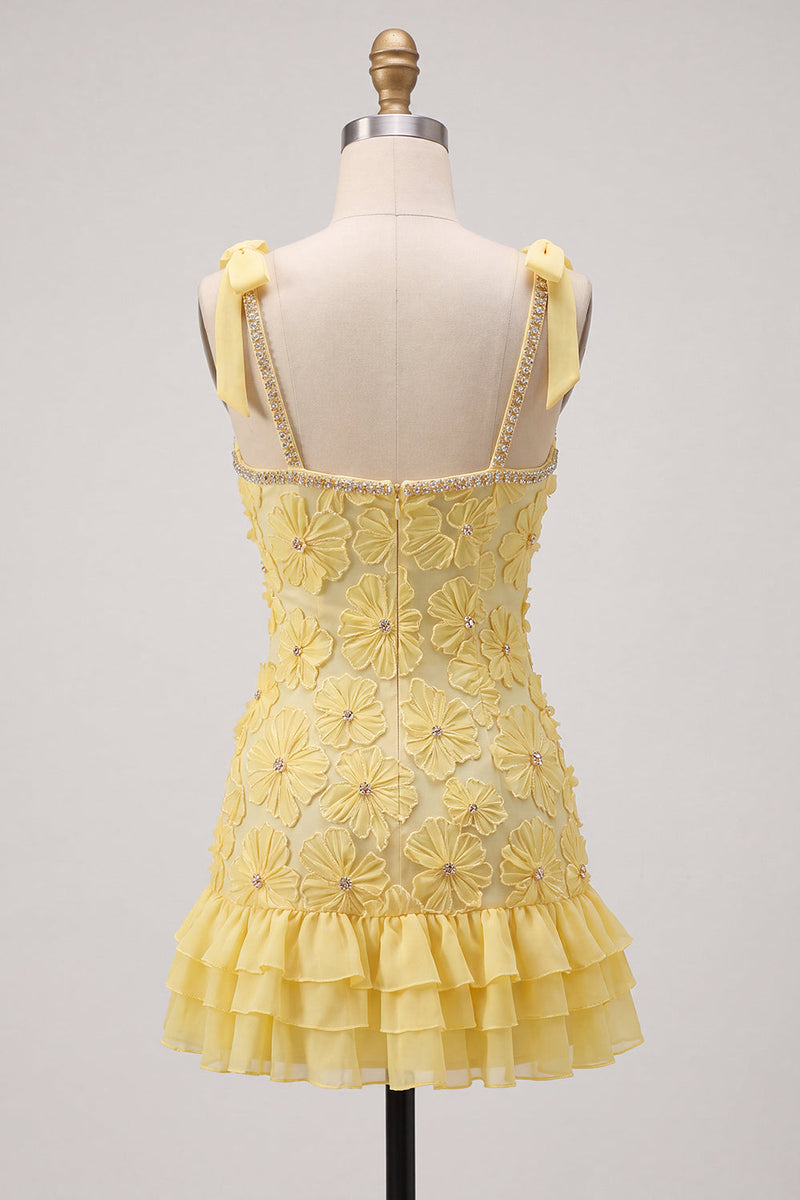 Laden Sie das Bild in den Galerie-Viewer, Gelbes Bodycon Perlen Blumen Stickerei Kurzes Abendkleid mit Strass-Besatz