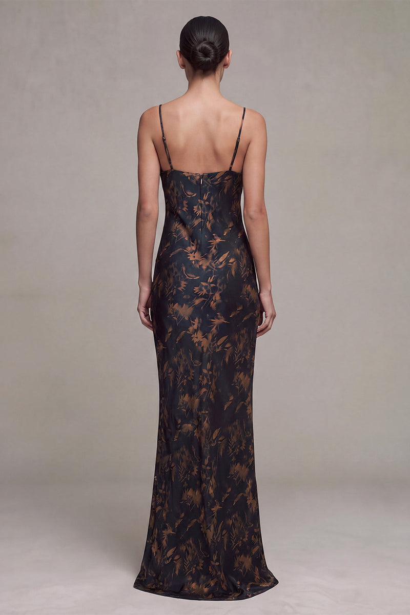 Laden Sie das Bild in den Galerie-Viewer, Schwarzes Meerjungfrauen-Hals-Hals, geblümtes langes Festkleid