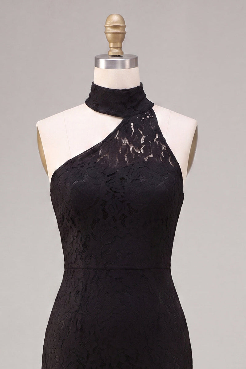 Laden Sie das Bild in den Galerie-Viewer, Neckholderhals Schwarzes Meerjungfrauenlanges Festkleid mit Spitze