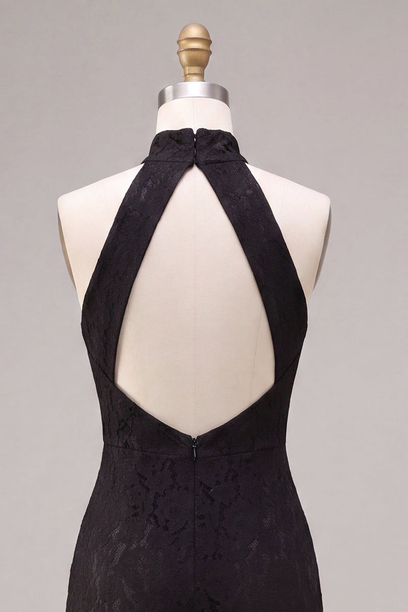 Laden Sie das Bild in den Galerie-Viewer, Neckholderhals Schwarzes Meerjungfrauenlanges Festkleid mit Spitze
