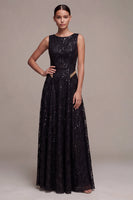 Laden Sie das Bild in den Galerie-Viewer, A-Linie schwarzes Pailletten-Rundhals-Langes Festkleid