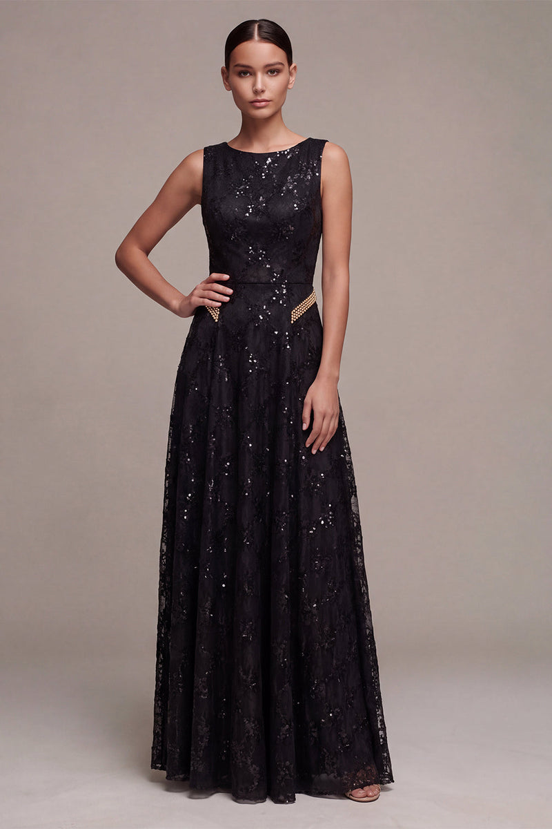 Laden Sie das Bild in den Galerie-Viewer, A-Linie schwarzes Pailletten-Rundhals-Langes Festkleid