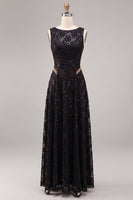 Laden Sie das Bild in den Galerie-Viewer, A-Linie schwarzes Pailletten-Rundhals-Langes Festkleid