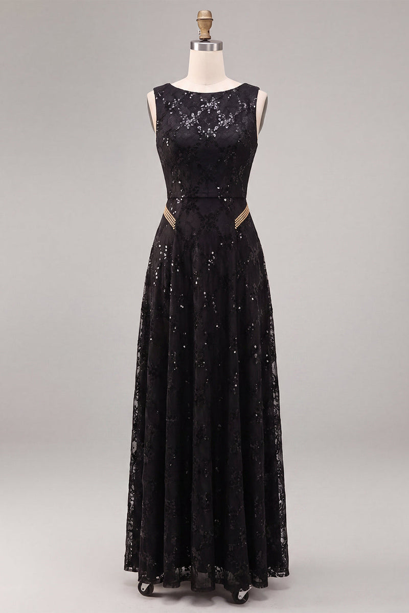 Laden Sie das Bild in den Galerie-Viewer, A-Linie schwarzes Pailletten-Rundhals-Langes Festkleid