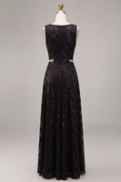 Laden Sie das Bild in den Galerie-Viewer, A-Linie schwarzes Pailletten-Rundhals-Langes Festkleid