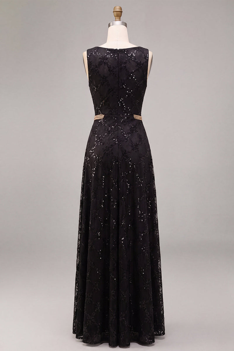 Laden Sie das Bild in den Galerie-Viewer, A-Linie schwarzes Pailletten-Rundhals-Langes Festkleid