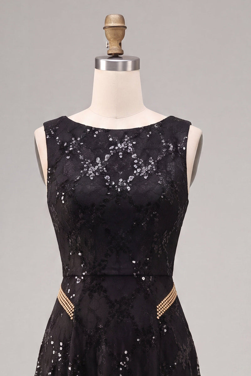 Laden Sie das Bild in den Galerie-Viewer, A-Linie schwarzes Pailletten-Rundhals-Langes Festkleid