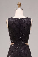 Laden Sie das Bild in den Galerie-Viewer, A-Linie schwarzes Pailletten-Rundhals-Langes Festkleid