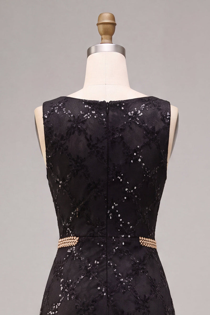 Laden Sie das Bild in den Galerie-Viewer, A-Linie schwarzes Pailletten-Rundhals-Langes Festkleid