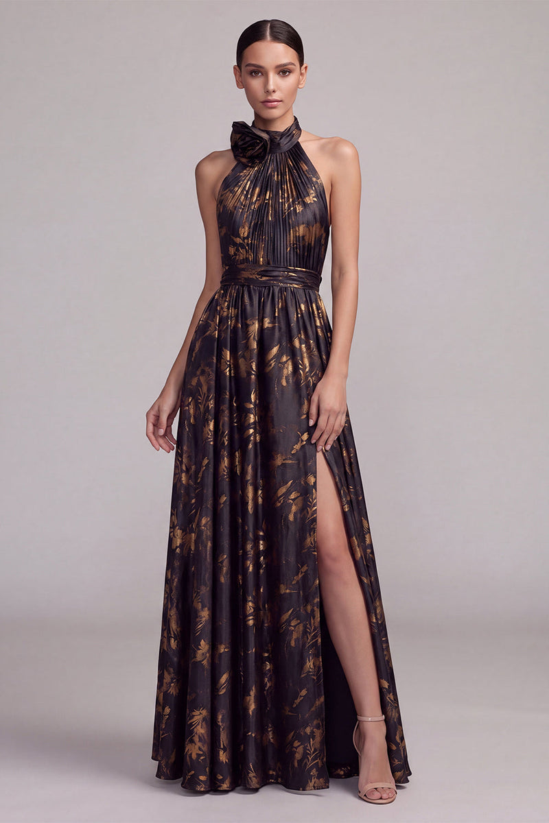 Laden Sie das Bild in den Galerie-Viewer, Schwarzes A-Linien-Neckholderhals Rückenloses langes Festkleid mit Schlitz