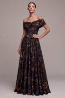 Laden Sie das Bild in den Galerie-Viewer, Schwarzes, schulterloses, geplündertes, gerafftes langes Festkleid mit A-Linie