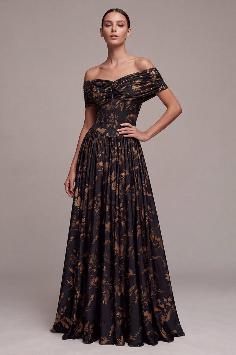 Laden Sie das Bild in den Galerie-Viewer, Schwarzes, schulterloses, geplündertes, gerafftes langes Festkleid mit A-Linie