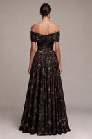 Laden Sie das Bild in den Galerie-Viewer, Schwarzes, schulterloses, geplündertes, gerafftes langes Festkleid mit A-Linie