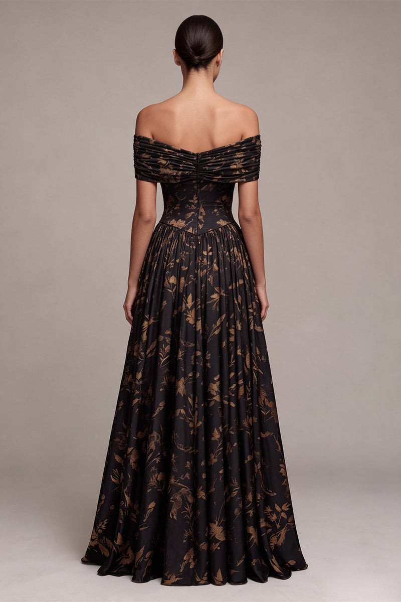Laden Sie das Bild in den Galerie-Viewer, Schwarzes, schulterloses, geplündertes, gerafftes langes Festkleid mit A-Linie
