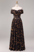 Laden Sie das Bild in den Galerie-Viewer, Schwarzes, schulterloses, geplündertes, gerafftes langes Festkleid mit A-Linie