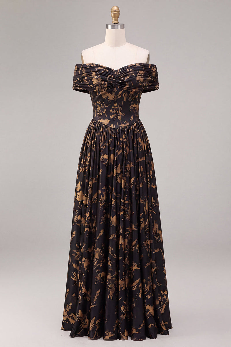 Laden Sie das Bild in den Galerie-Viewer, Schwarzes, schulterloses, geplündertes, gerafftes langes Festkleid mit A-Linie