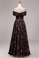 Laden Sie das Bild in den Galerie-Viewer, Schwarzes, schulterloses, geplündertes, gerafftes langes Festkleid mit A-Linie