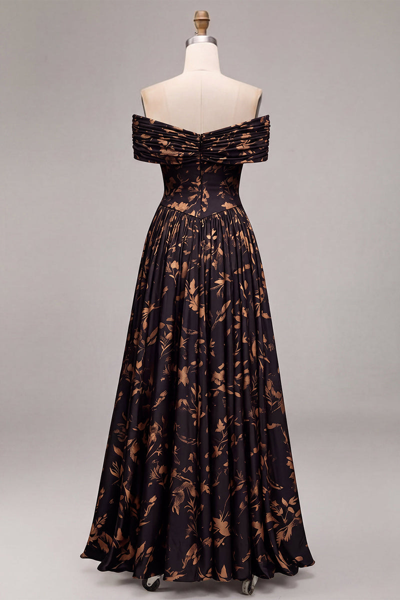 Laden Sie das Bild in den Galerie-Viewer, Schwarzes, schulterloses, geplündertes, gerafftes langes Festkleid mit A-Linie