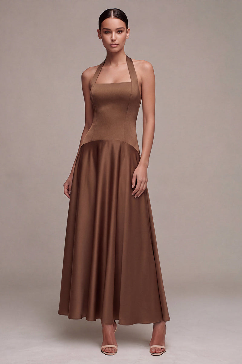 Laden Sie das Bild in den Galerie-Viewer, Satin Kaffee Neckholderhals Rückenloses A-Linie langes Festkleid