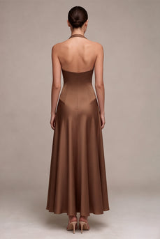 Satin Kaffee Neckholderhals Rückenloses A-Linie Langes Festkleid